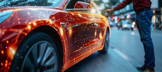 Poster - ai system helps engineer design electric car hologram, smart ev vehicle development with copy space.