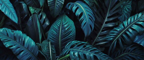 Blue bright colored tropical leaves foliage plants, banner template background illustration from Generative AI
