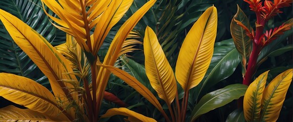  Yellow bright colored tropical leaves foliage plants, banner template background illustration from Generative AI