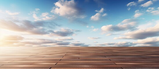 Wall Mural - A wooden deck overlooking a vast grassland prairie with cumulus clouds filling the sky, creating a serene natural landscape against the horizon