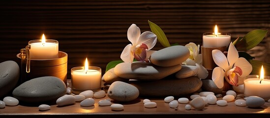 Poster - A still life arrangement featuring a table adorned with candles, rocks, and flowers. This artistic display combines elements of nature with interior design for a beautiful event centerpiece