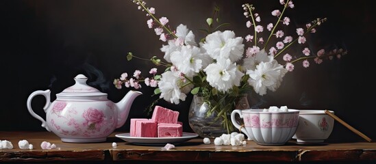 Wall Mural - On the table, there is a magenta flowerpot with a houseplant, pink petals in a vase, and pink serveware including teapot and cups