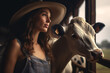 Portrait of a beautiful woman farmer wearing overalls and a cowboy hat, next to a white cow in a barn, with a beautiful farm scenery, soft light