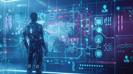 Poster - Futuristic visualization with data displays - A futuristic portrayal of a humanoid figure amidst complex data visualizations signifying AI, cybersecurity, and advanced data analytics