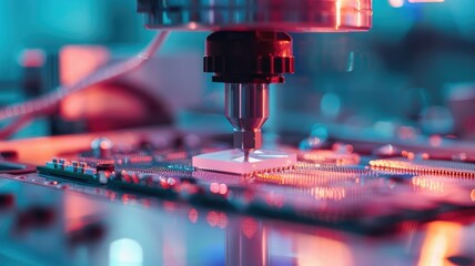 Poster - Precision machinery in high-tech facility - Macro shot of an advanced machine precisely placing electronic components onto a circuit board in a technological manufacturing environment