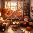 
A charming and cozy fall-themed living room, adorned with warm hues, soft blankets, plush pillows, and flickering candles, inviting you to relax and unwind in comfort