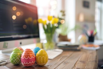 Wall Mural - A Splash of Spring on the Work Front: Colorful Easter Eggs Nestled Next to a Computer in the Office