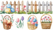 Easter Bunny Clip Art, Watercolor Easter elements: Easter bunnies, eggs, wooden fence, basket with spring flowers and eggs, 