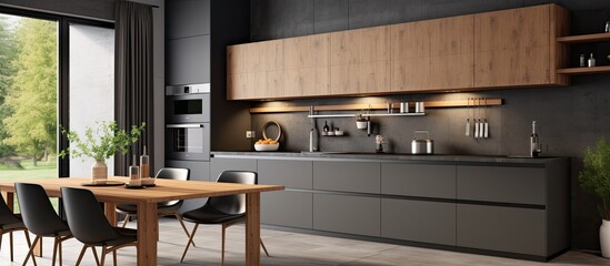 Sticker - A modern kitchen in a house with wooden cabinetry, a table, chairs, and a large window, showcasing a plant. The kitchen appliance and wood countertop complement the overall design with flooring