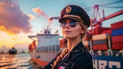 Wall Mural - Young Blond Caucasian woman ship captain wearing aviator sunglasses standing proudly next to her container ship at sunset