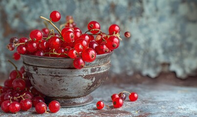 Wall Mural - Close-up of red currants in a cup on a tin background.