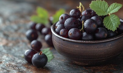 Wall Mural - Close-up of blackcurrants in a cup on a tin background.