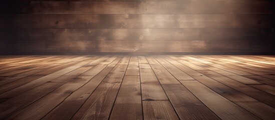 Sticker - An empty room with a brown hardwood floor made of wooden planks and a brick wall, showcasing the natural beauty of the wood grain