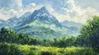 Oil painting depicting a majestic mountain in a mysterious green landscape under a sunny sky for wall art