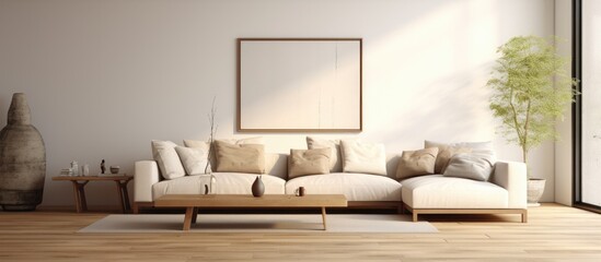 Poster - A cozy living room in a building featuring a comfortable couch, wooden coffee table, and a rectangular picture on the wall. Interior design with hardwood flooring