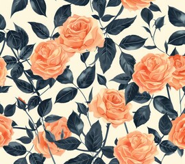 Wall Mural - Seamless pattern of peach roses with black leaves