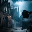 Craft a backdrop background of a drama filming set in the style of gothic architecture during a thunderstorm, with no people in the scene