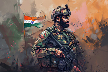 Indian Army soilder holding flag of India with pride for 26th January Happy Republic Day. Illustration