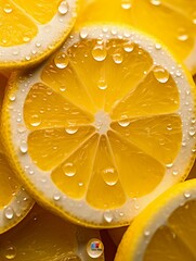 Poster - Close up of slices of lemon with water drops on it. Juicy citrus fruit background.