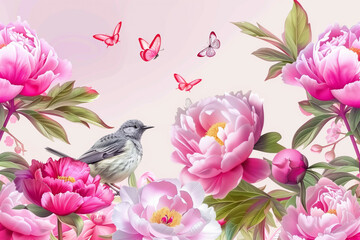 Wall Mural - Delicate floral background with vibrant pink peonies and a perched bird, accented by fluttering butterflies, suitable for spring-themed designs with copy space