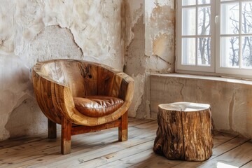 A wooden chair is positioned next to a window, creating a simple and functional seating area by the natural light coming through the glass