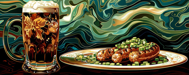 Wall Mural - Colorful illustration for a beer pub advertising banner. Beer, sausages, snacks.