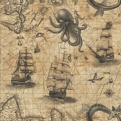 Poster - Ancient Mariners: Designs featuring old nautical maps, ships, and sea monsters. For Seamless Pattern, Fabric Pattern, Tumbler Wrap, Mug Wrap.