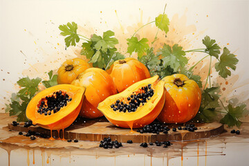 Wall Mural - Papaya fruit watercolor painting