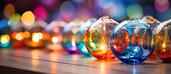 Poster - A row of liquid magenta and electric blue candles, resembling a circle, artfully displayed on a wooden table as a fashionable event accessory