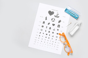 Poster - Stylish eyeglasses with eye test chart, tweezers and solution for contact lenses on white background