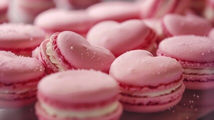Wall Mural - Culinary artistry at its finest—pink, heart-shaped macarons arranged with precision. HD clarity captures the delicate luxury in every detail.