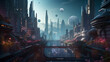 Futuristic cityscape on a distant planet, with alien architecture blending seamlessly with advanced technology, bioluminescent plants illuminating the streets, floating platforms and vehicles