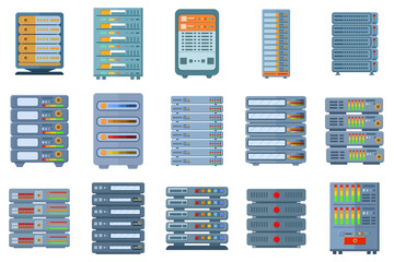 Sticker - Vector illustration of various server racks collection, various types of server rack elements collection. flat design for computer, network, website, server, web, hardware, software purposes.