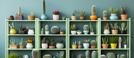 Sticker - A variety of cactus products are displayed on shelves, adding a creative touch to the room. Different types of glass, dishware, and serveware can be found on the rectangular shelving units