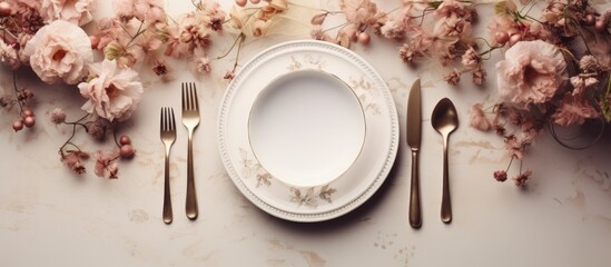 Sticker - An elegant display of tableware, with a white porcelain plate, silver cutlery, and fresh flowers set on a table adorned with a tablecloth. Perfect for a special event or luxurious dining experience