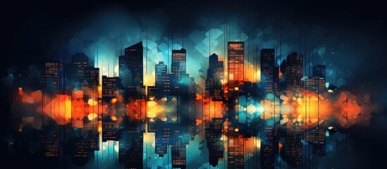 Wall Mural - The cityscape of towering skyscrapers and tower blocks is beautifully reflected in the calm waters at midnight, creating a mesmerizing scene of urban beauty