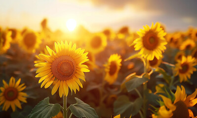  Generative AI Images Sunflower field at sunset, rows of blooming sunflowers.