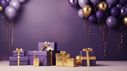 interior scene with dark purple and gold balloons and gift boxes on purple background