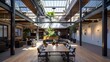 Elegant Industrial Open Plan Workspace with High Ceilings and Skylights