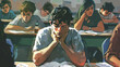 illustration of stressed kid in classroom , Problems in teenagers .