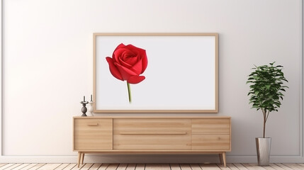 Wall Mural - mockup poster frame with red rose valentine on wooden cabinet