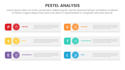  pestel business analysis tool framework infographic with long rectangle shape and outline circle 6 point stages concept for slide presentation