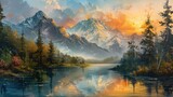 Fototapeta Natura - A stunning painting of mountains and rivers a forest, perfect for wall art and wallpaper