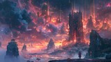 Fototapeta  - Futuristic Fantasy Cityscape with Towering Spires Under a Crimson Clouded Sky
