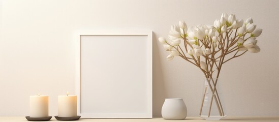 Wall Mural - A rectangular picture frame made of wood sits on a table alongside a vase of flowers, two candles, and a twig. The rooms ceiling, flooring, and glass building are visible in the background