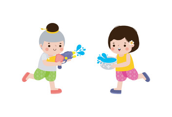 Wall Mural - Songkran festival kids thai Traditional enjoy splashing water Thailand New Year Day Vector Illustration template Thailand concept on white background