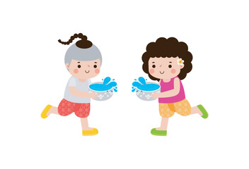 Wall Mural - Songkran festival kids thai Traditional enjoy splashing water Thailand New Year Day Vector Illustration template Thailand concept on white background