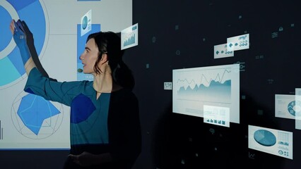 Poster - Young businesswoman giving a presentation using a projector and digital documents concept.