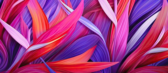 Canvas Print - A close up shot showcasing a variety of colorful leaves including shades of purple, pink, magenta, and electric blue on a dark background. The intricate pattern almost resembles textile art