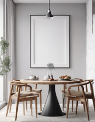 home interior design mock up template showcase dinning room in natutal wooden colour material scheme ideas concept with blank picture frame mockup on white walll background. Scandinavian style